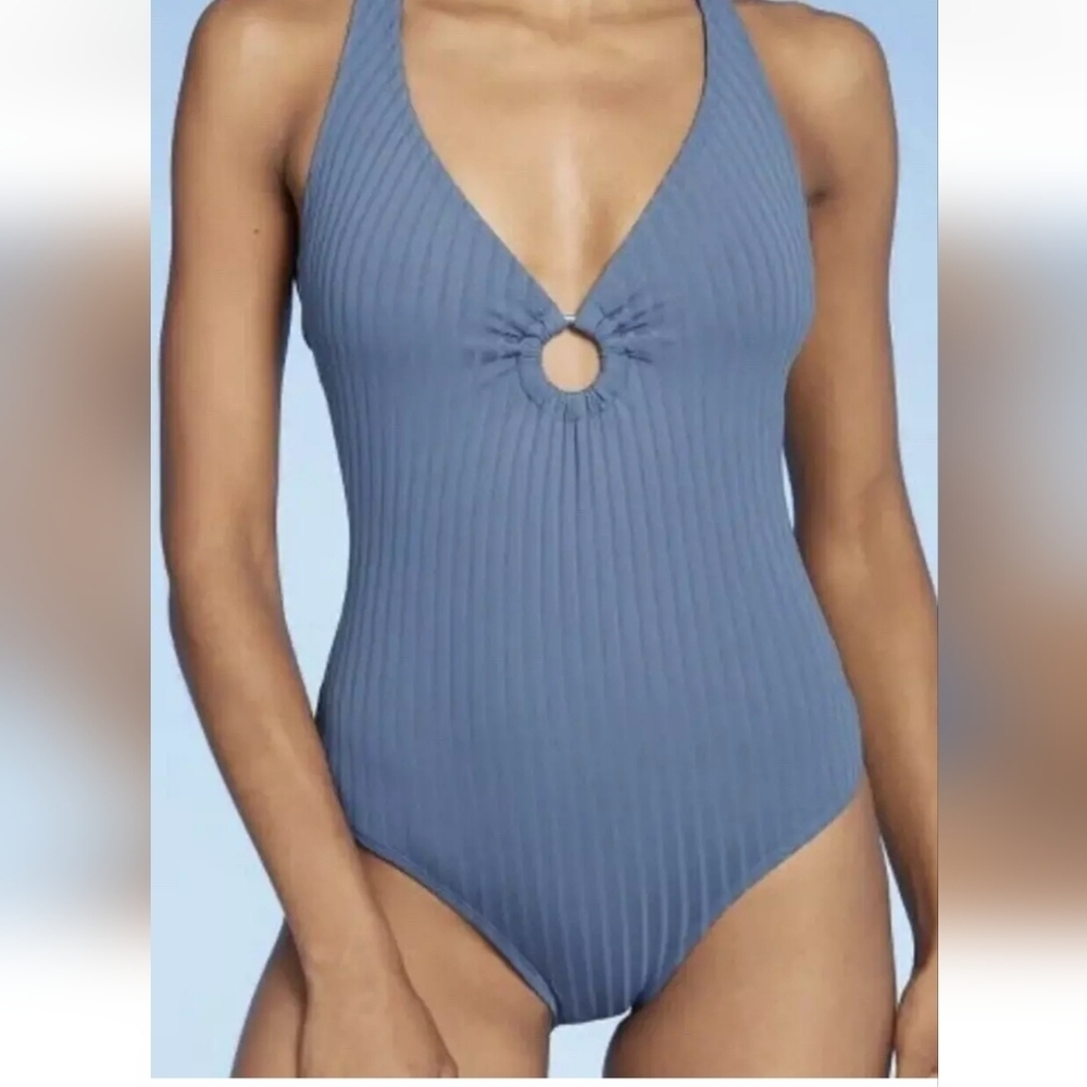 Kona Sol Ribbed  One Piece Swimsuit in Blue size L